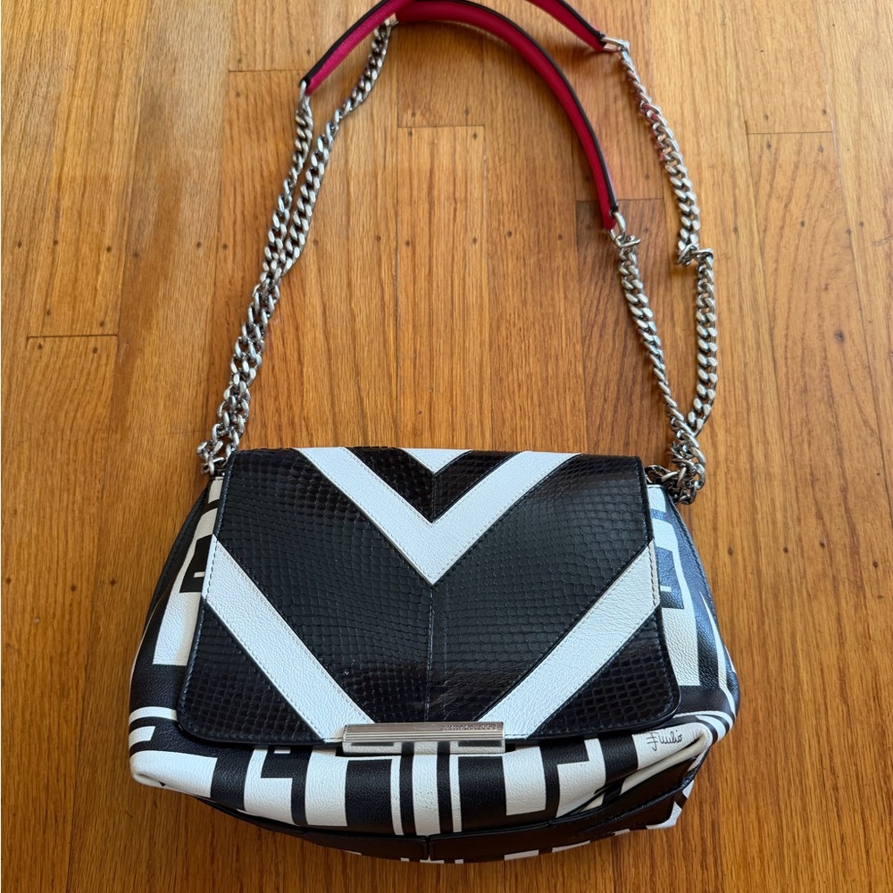 Emilio Pucci Black and White Geometric Shoulder Bag with Silver Chain